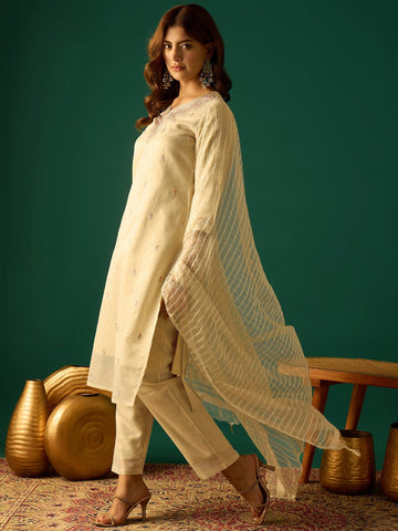 Zari-Embroidered Kurta Paired With Solid Trousers And A Tonal Dupatta